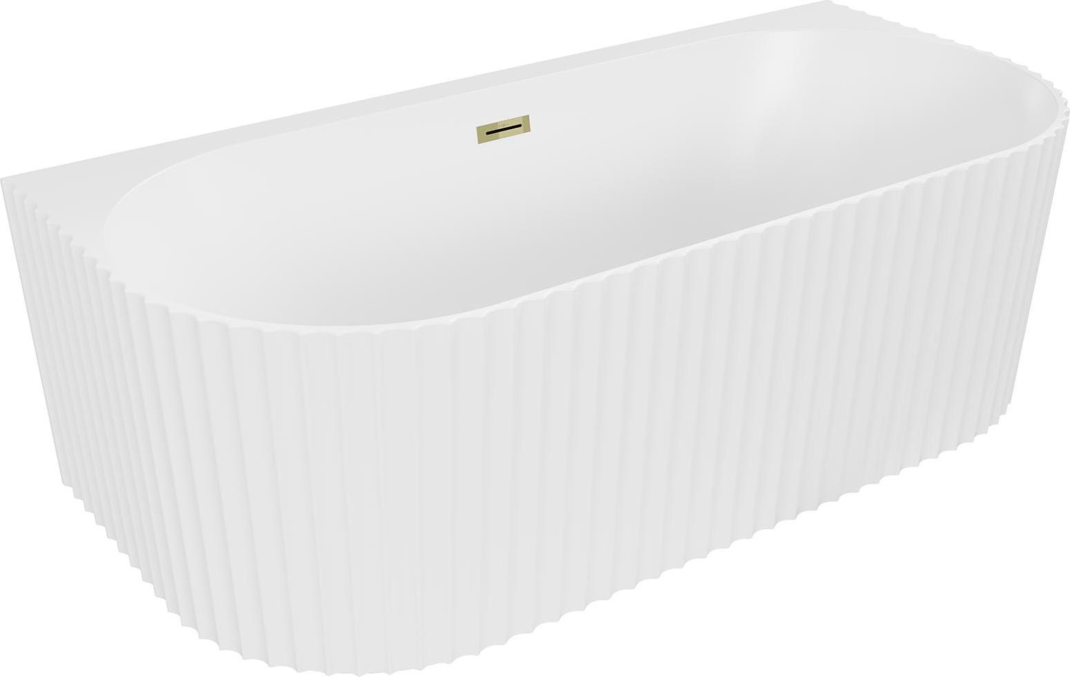 Mexen Sella freistehende wandnahe gerillte Badewanne 150 x 75 cm, weiß matt, Überlauf gold - 52711507501-50