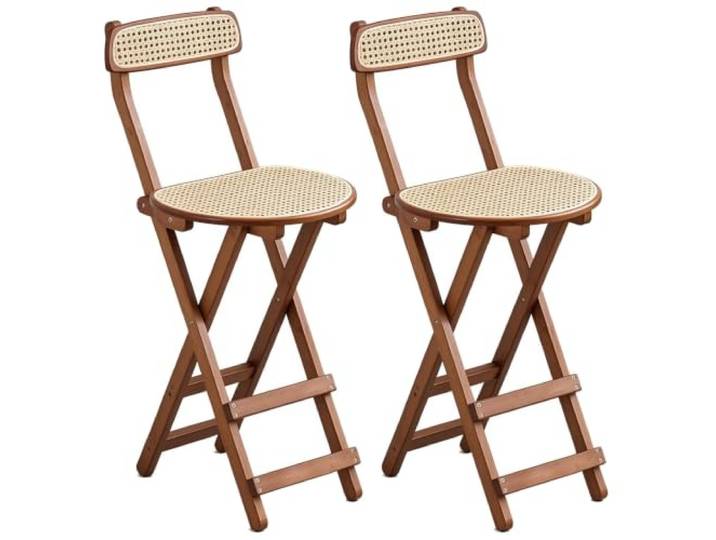Klappbarer Barhocker aus Rattan, Holzklappstuhl mit Rückenlehne, 2er-Set Tragbare Esszimmerstühle, platzsparend, Massivholzrahmen, leicht zu reinigen, rutschfeste Polster, keine Montage(Brown,S)