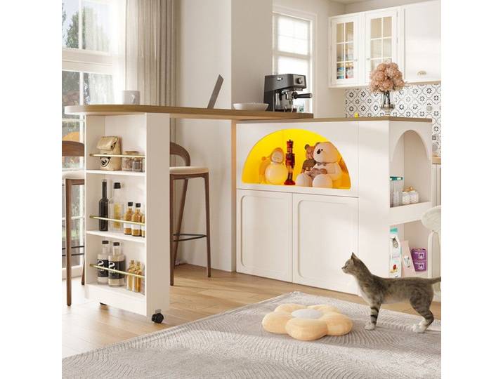 Table de bar extensible - avec rangement table de Bar mobile moderne avec îlot de cuisine à LED design de porte cintrée Blanc