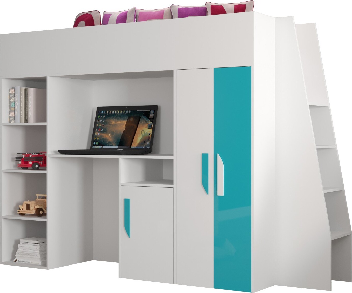 MINIO go for it, Etagenbett "PARTY 16", Griffe aus MDF, Türkise / Weiße Farbe