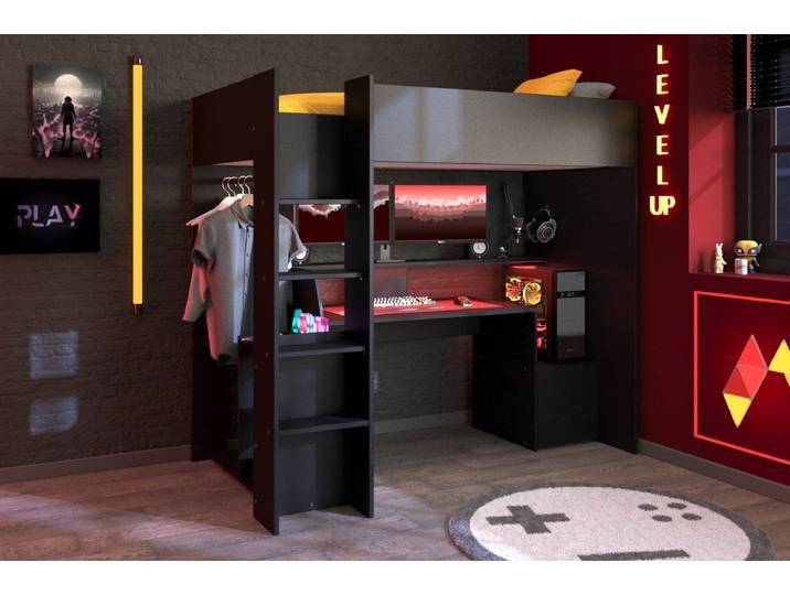 Hochbett LevelUp 90x200cm mit Spieltisch, integriertem Schreibtisch, LED-Beleuchtung, schwarz