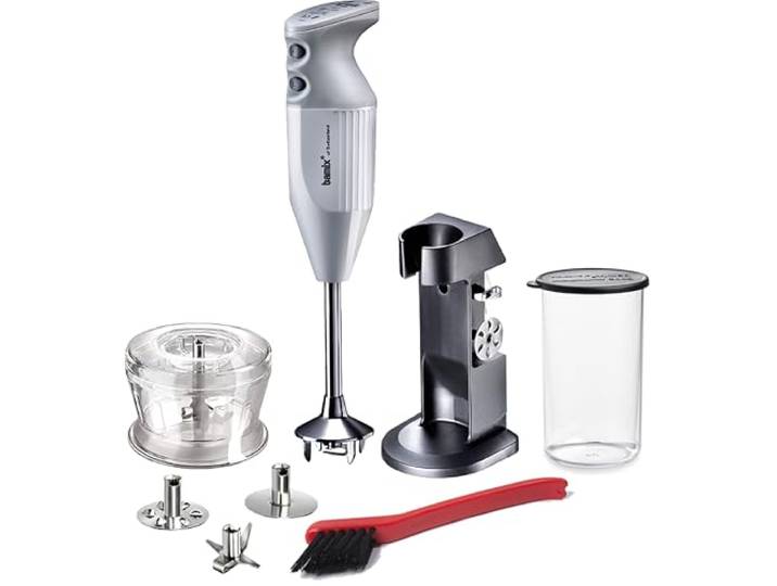 bamix Stabmixer Set M200 Chef's favorite inkl. Ständer, 1 Becher, 3 Aufsteckteile, Hacker, Reinigungsbürste, 200 Watt, Made in Switzerland, Weiß/Lichtgrau