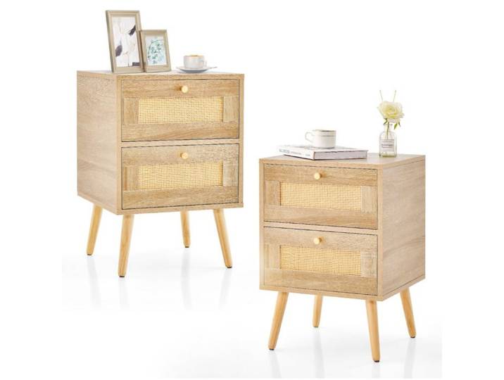 Tables de chevet - HELLOSHOP26 - Table de chevet en rotin - Lot de 2 - 2 tiroirs - Pieds en bois massif