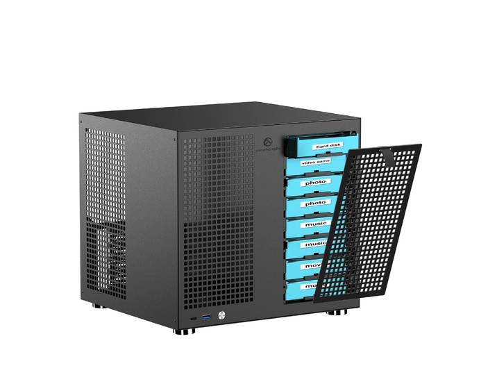 Boîtier tour NAS Sagittarius à 8 baies avec fond de panier,MATX, alimentation ATX, extension PCIe pleine hauteur optimisée pour Synology UNRAID,