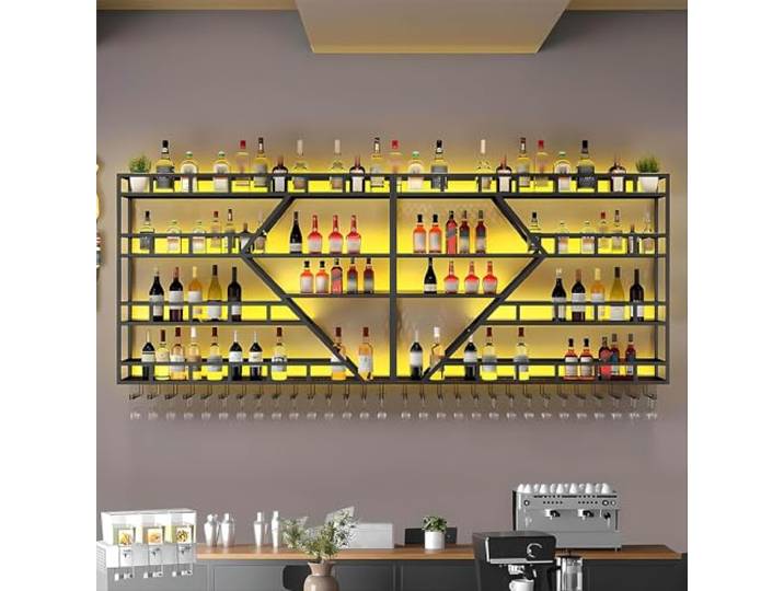 KEPMOGOH Weinregal Wand, Wand Montiert Eisen Weinregal, Wandmontage Wine Display-Ständer, Wine Rack Bar Regal mit Glasregal, Wein Storage Rack, Für Küche Esszimmer Dekor (Schwarz, 4 Tier, 240cm)