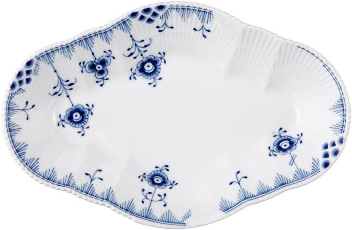 Blauw-witte ovale porseleinen serveerschaal met handgeschilderd patroon - 23 cm