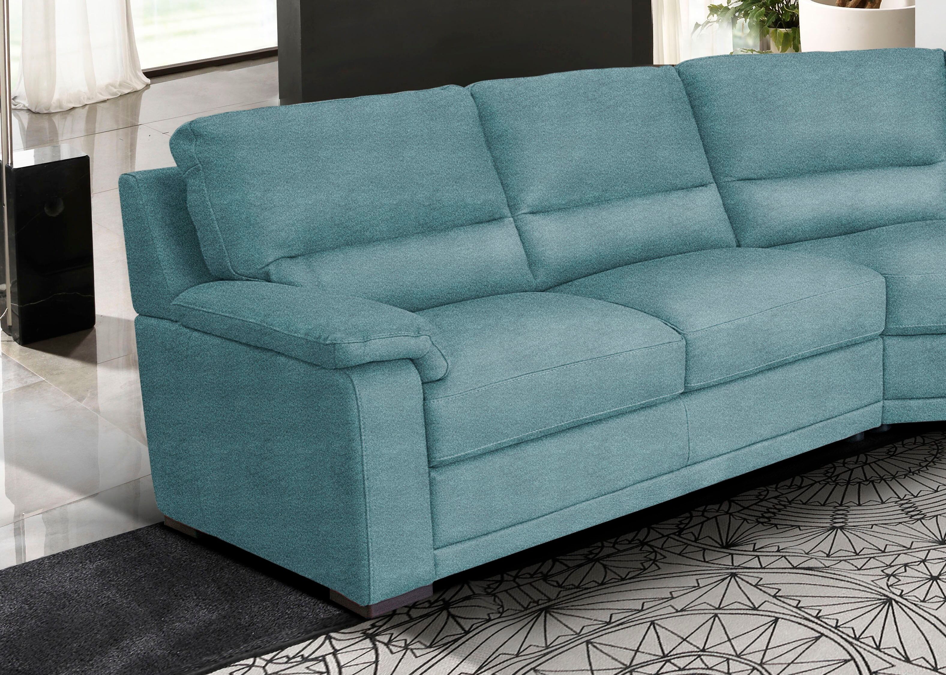 Ecksofa EGOITALIANO "Doris, modernes Designerecksofa in hochwertigen Microfaserqualitäten", blau (hellblau), B:266cm H:90cm T:246cm, Luxus-Micofaser CASHMERE in Lederoptik (100% Polyester) ist ein neues technisches Gewebe mit einem visuellen und taktilen 