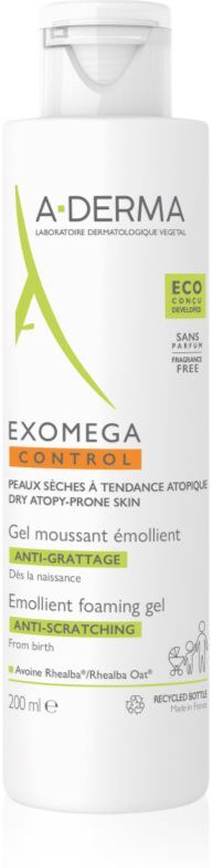 A-Derma Exomega Control Emollient Foaming Gel gel moussant adoucissant pour peaux sèches à atopiques 200 ml