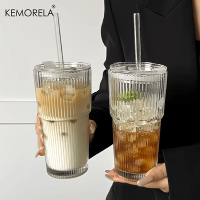 Inspire Essentials Glass Coffee Cup With Lid And Straw 600ml Transparent Iced Drinkware 2pcs with Cover