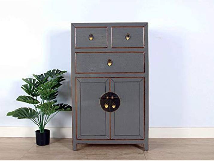 Yajutang chinesische Kommode Sideboard 3 Schubladen 2 Türen grau RAL7005