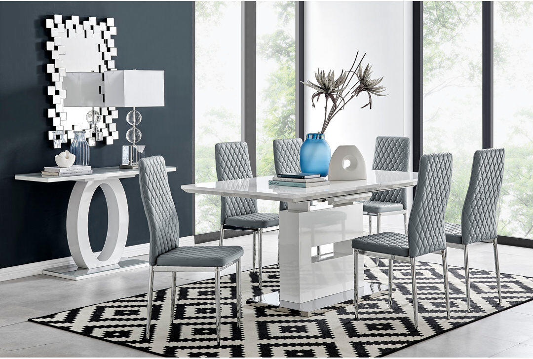 Canora Grey Alezzo Modern High Gloss Extendable Dining Table Set with 6 Quilted Faux Leather Dining Chairs Grey/Chrome 6