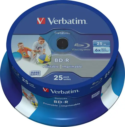 Verbatim 43811 Blu-ray BD-R SL Rohling 25GB 25 St. Spindel Bedruckbar, Antikratzbeschichtung