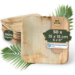 BIOZOYG 50 Stück Einwegteller 15x15cm Palmblatt-Teller, quadratisch, biologisch abbaubar, umweltfreundlich, kompostierbar, Wegwerfteller
