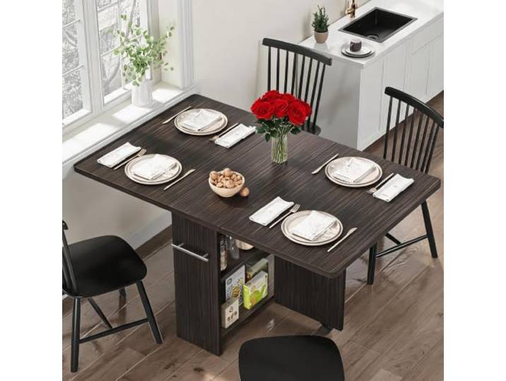 IDEALHOUSE Klappbarer Esstisch Auf Rollen, Platzsparend Mit Ablageregal 2‑stufiges Ablageregal, 6 feststellbare Rollen, Drop‑Leaf‑Design, ideal für Apartments und kleine Wohnbereiche.