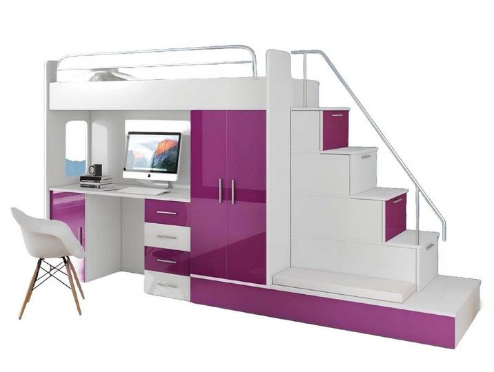 Xlmoebel Etagenbett Lila Hochbett für Kinder in Hochglanz mit modernem Design (Multifunktions-Hochbett, 1-St., Multifunktions-Hochbett), Hergestellt in Europa