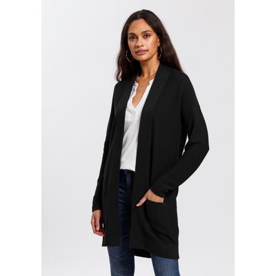 Longstrickjacke TOM TAILOR, Damen, Gr. S (36), schwarz, Strick, Obermaterial: 100% Baumwolle, unifarben, figurumspielend Po-bedeckend, V-Ausschnitt, Bündchen, Strickjacken Strickjacke Longstrickjacke, aus Rippstrick mit aufgesetzten Taschen, Topseller
