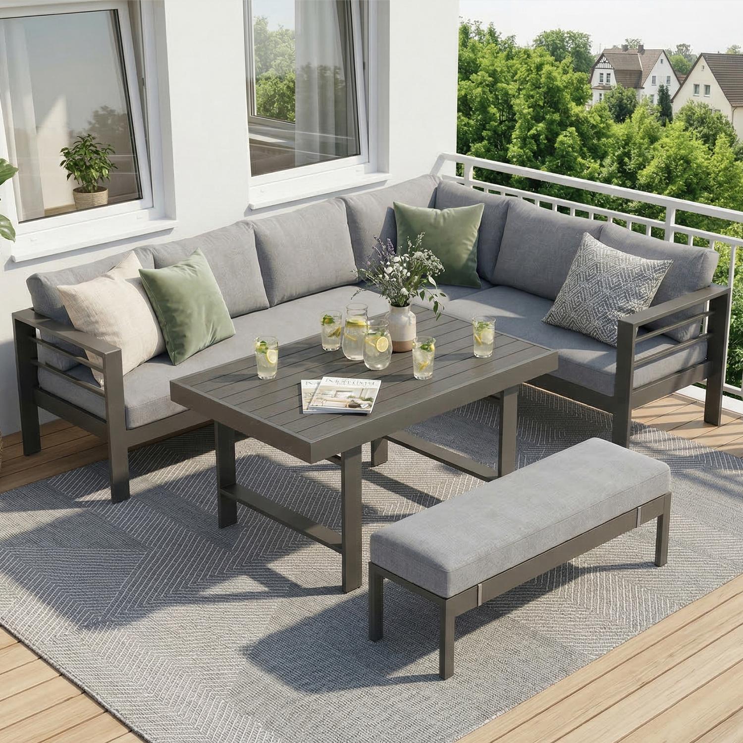 MEXO Gartenmöbel Set Aluminium 8 Personen, Modulares Gartenlounge-Set Gartensofas Ecklounge mit groß Tisch & Gartenbank, Wetterfest Outdoor-Loungesofa
