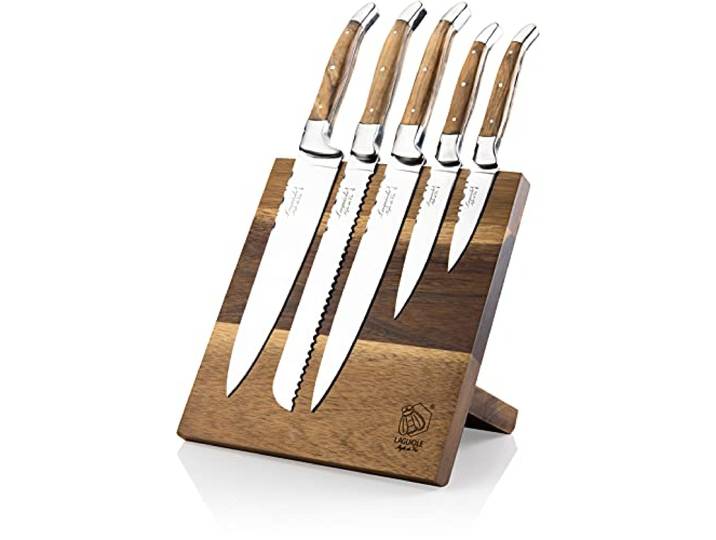 Laguiole Style de Vie Luxury Line Messerset Olivenholz mit Magnetblock - Küchenmesser Set - Messerblock - Kochmesser Set