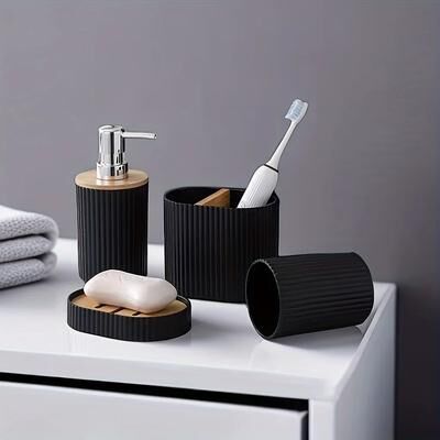 Perfect Picks Market Transparent Acrylic Bathroom Accessories Set Toothbrush Holder, Mouthwash Cup, Soap Dispenser, Soap Dish black Oval