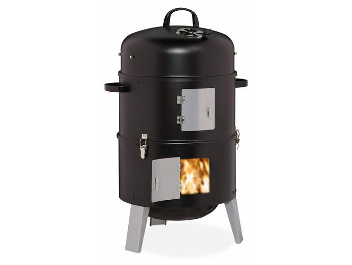 Relaxdays Smoker 3in1, zum Grillen, Räuchern & Garen, Thermometer & Luftabzug, BBQ Räuchertonne: ∅ 40 cm, Stahl, schwarz
