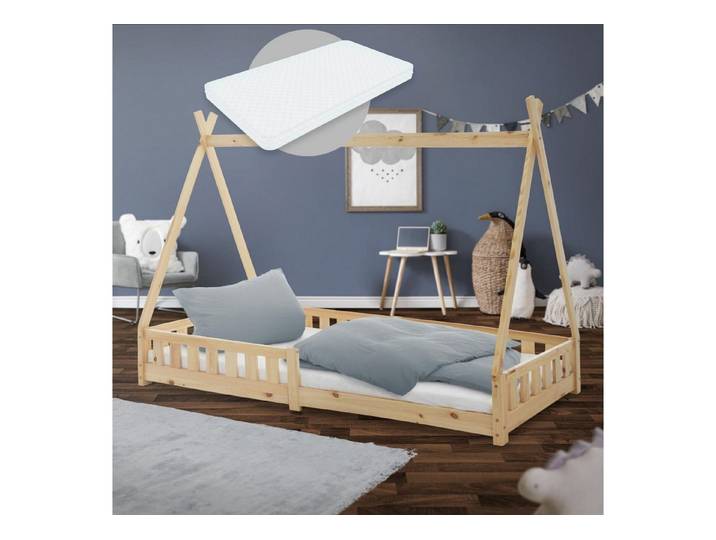 ML-DESIGN Spielbett Hausbett Tipi Zeltbett inkl. Lattenrost Bodenbett Kinder Himmelbett, Abenteuerbett mit Rausfallschutz Zelt Kinderbett Kiefer Natur
