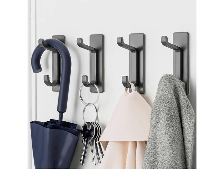 Klebehaken 4er Set Grau 6kg Tragkraft, Metall, 2.4x19x13 cm, Badaccessoires, Haken
