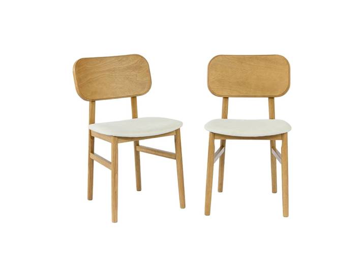 Chaise vintage bois d'hévéa finition brossée naturel et tissu (lot de