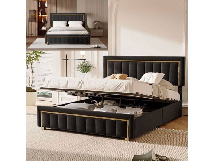 Lit 140x200 cm - tissu en Velours - lit double 140x200 cm - 140x200 cm - Noir