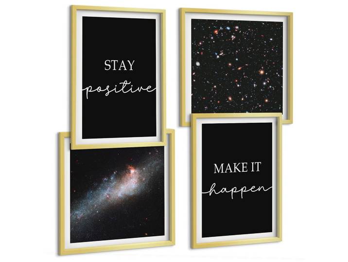BILDER SET 4er Set - 50x50 cm & 40x60 cm Goldrahmen - Motivationsslogans Sterne Weltraum