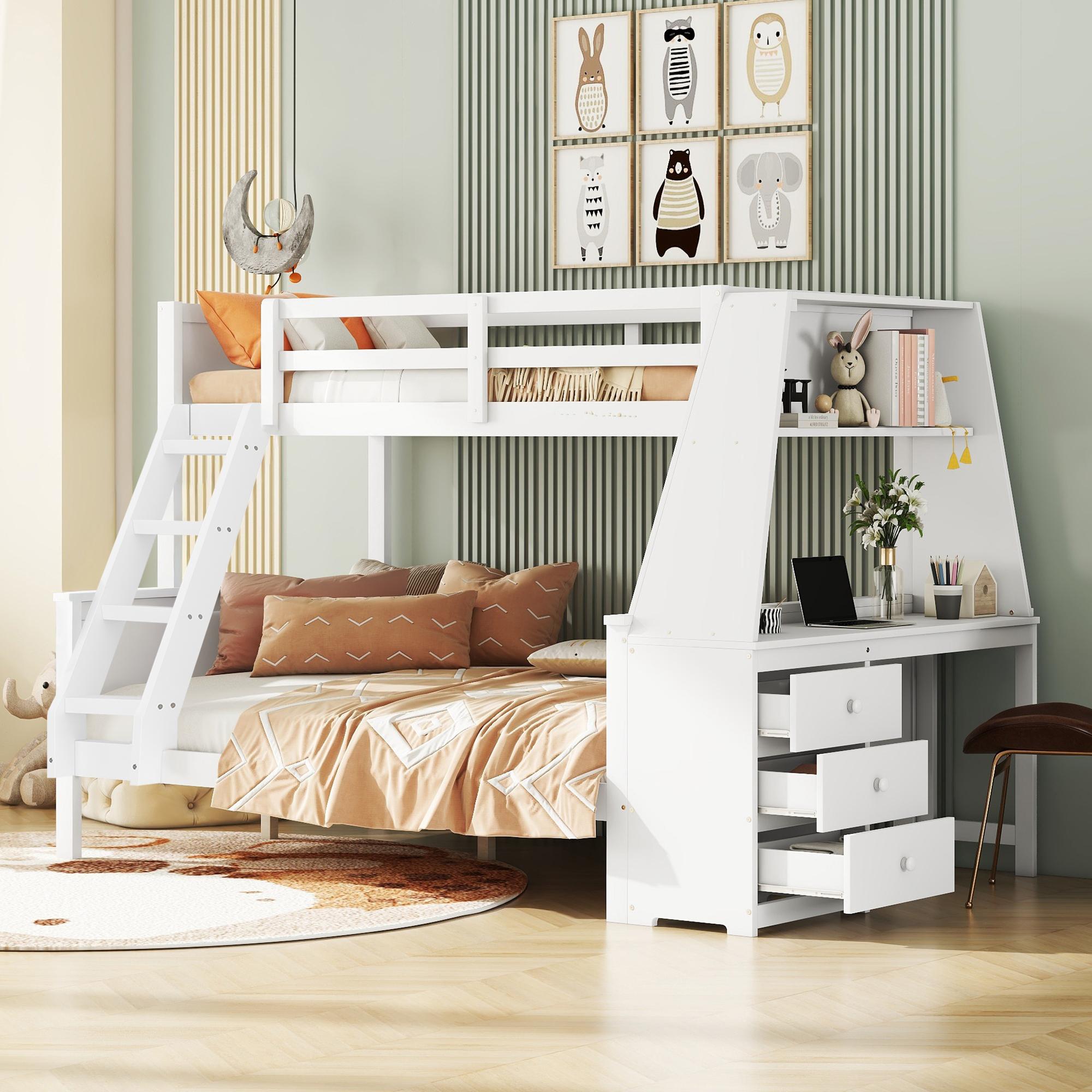 okwish Etagenbett 90/140x200 Jugendbett mit Tisch,Stockbett mit großer Stauraum,Bettgestell mit hohes Geländer, Weiß(mit einer Matratze)