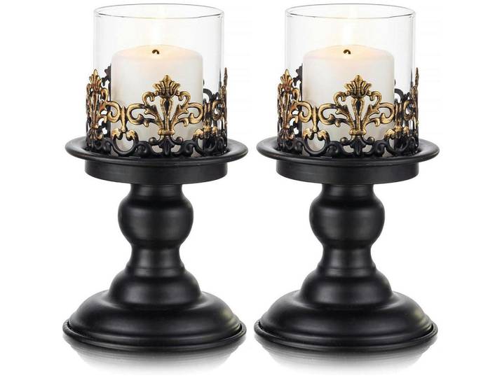 Kerzenständer 2-teiliges Set Metall Schwarz Matt mit Glas, Mehrfarbig, 11.5x20.5x11.5 cm, Dekoration, Kerzen & Kerzenhalter, Teelichthalter