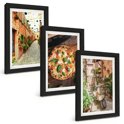 BILDER SET 3er Set - 20x30 cm Schwarzer Rahmen - Charmante Straßen mit Pizza