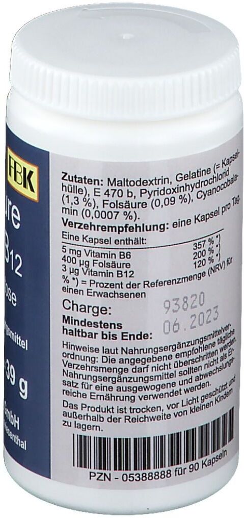 FBK Folsäure+B6+B12 ohne Lactose Kapseln 90 St