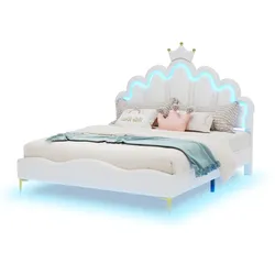 Merax 140*200cm Flaches Doppelbett, weiche Polsterung aus PU-Leder, verstellbarer LED-Umgebungslichtstreifen, weiß
