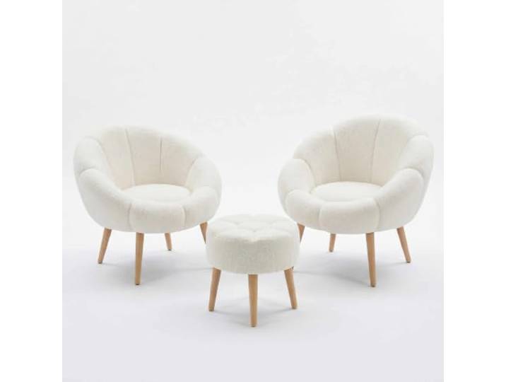 Hanah Home Elegant Wing Chair & Pouffe Set (3 Pieces), White, 100% Wellssoft Fabric, 18mm Melamine Coated, Perfect for Modern Living Spaces