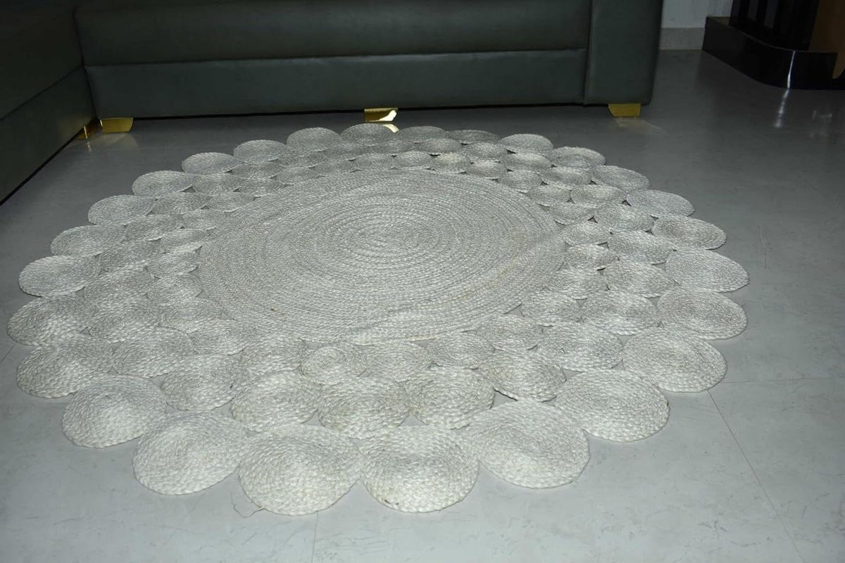 Handgeweven wit jute vloerkleed in boho design, vierkant