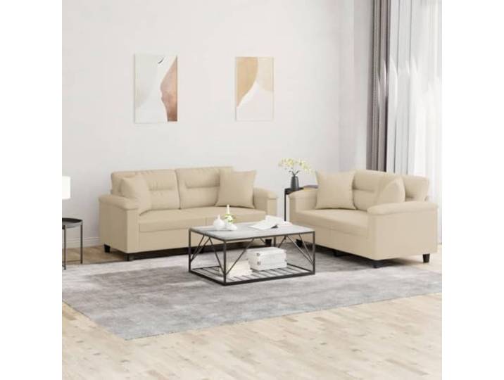 HEFZGDB 2-TLG. Sofagarnitur mit Kissen Creme Mikrofasergewebe Langlebiges Polster Robustes Gestell Bequemes Sitzerlebnis Praktische Couchkissen Stabiles Metall Design Wohnzimmer Möbel