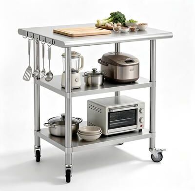 Garvee Commercial Stainless Steel Prep Table with Casters, 2 Under Shelves & Hooks, Heavy-Duty Food Prep Workstation