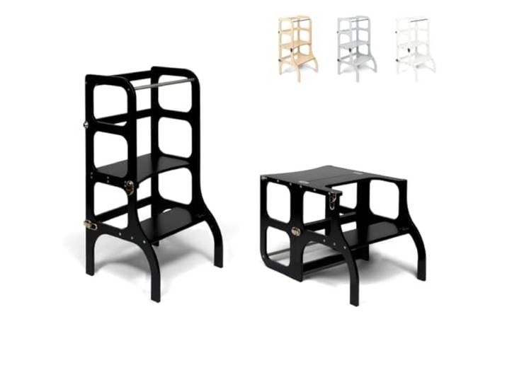 Ette Tete STEP'n'SIT® Wandelbare Montessori Lernturm + Tisch, 2 in 1 (mit Silberverschlüssen, Schwarz)