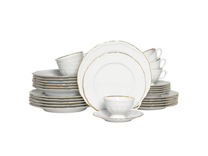 Creatable Kombiservice Maria Theresia Gold, Weiß, Gold, Keramik, 30-teilig, 200 ml,200 ml, handbemalt, lebensmittelecht, stapelbar, Essen & Trinken, Geschirr, Geschirr-Sets, Kombiservice