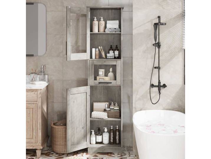 Koioplie Meuble Salle de Bain Haut 170cm - Armoire de Rangement Étroite 5 Compartiments Étagères Réglables Style Gris