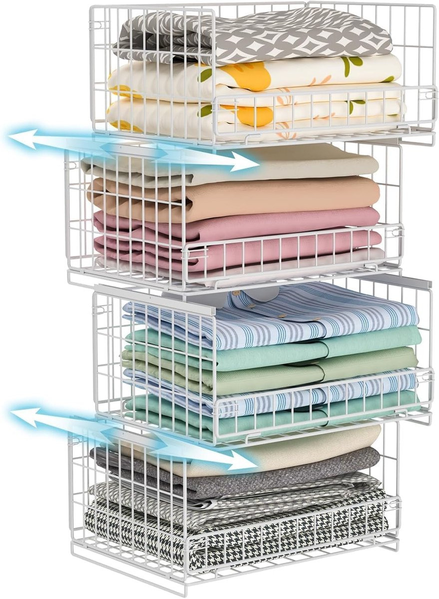 Set van 4 stapelbare en vouwbare kastorganizers voor kleding en lades, zwart