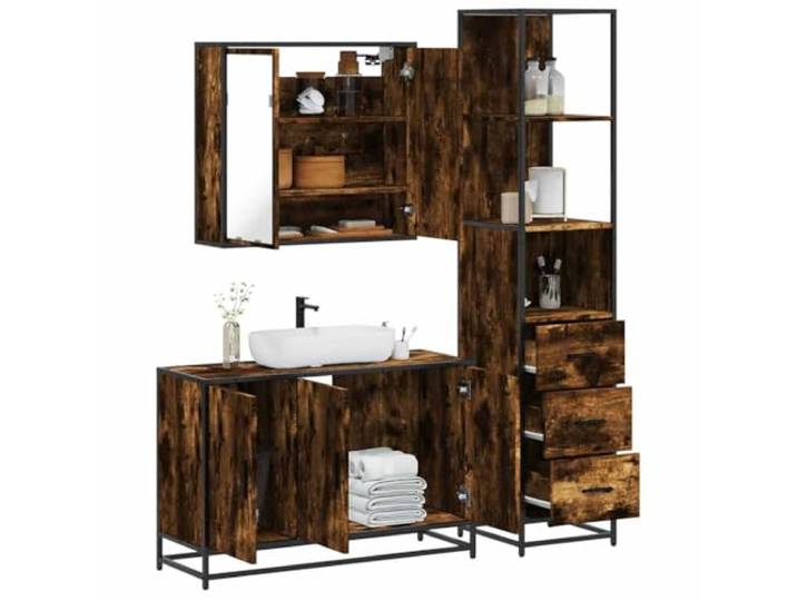 ZQQLVOO 3-TLG. Badmöbel-Set Räuchereiche Holzwerkstoff Metallgestell, Lowboard, Spiegelschrank, Wandmontage, Waschbeckenunterschrank, reichlich Stauraum