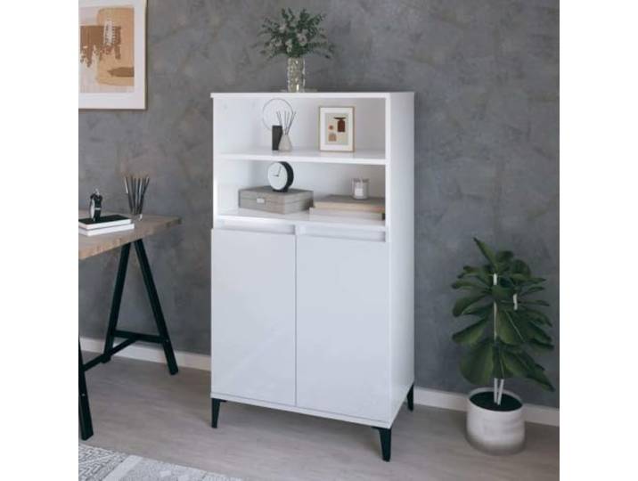 HEFZGDB Stabiles Sideboard mit Wandhalterung zur Sicherung, Weißes Highboard aus Holzwerkstoff mit Metallfüßen, Klassisches Highboard mit offenen Ablagen und Fächern, mit Staubschutztüren