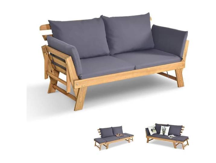 GOPLUS Canapé de Jardin Extensible 2 Places Charge 320 KG-Design 3 en 1 en Bois d'Acacia Certifié FSC avec Coussins Amovibles Gris