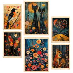 POSTER Set Mit 6 Tiere & Natur Inspiriert Von Rosina Wachtmeister A3 & A4 Rahmen Aus Hellem Holz