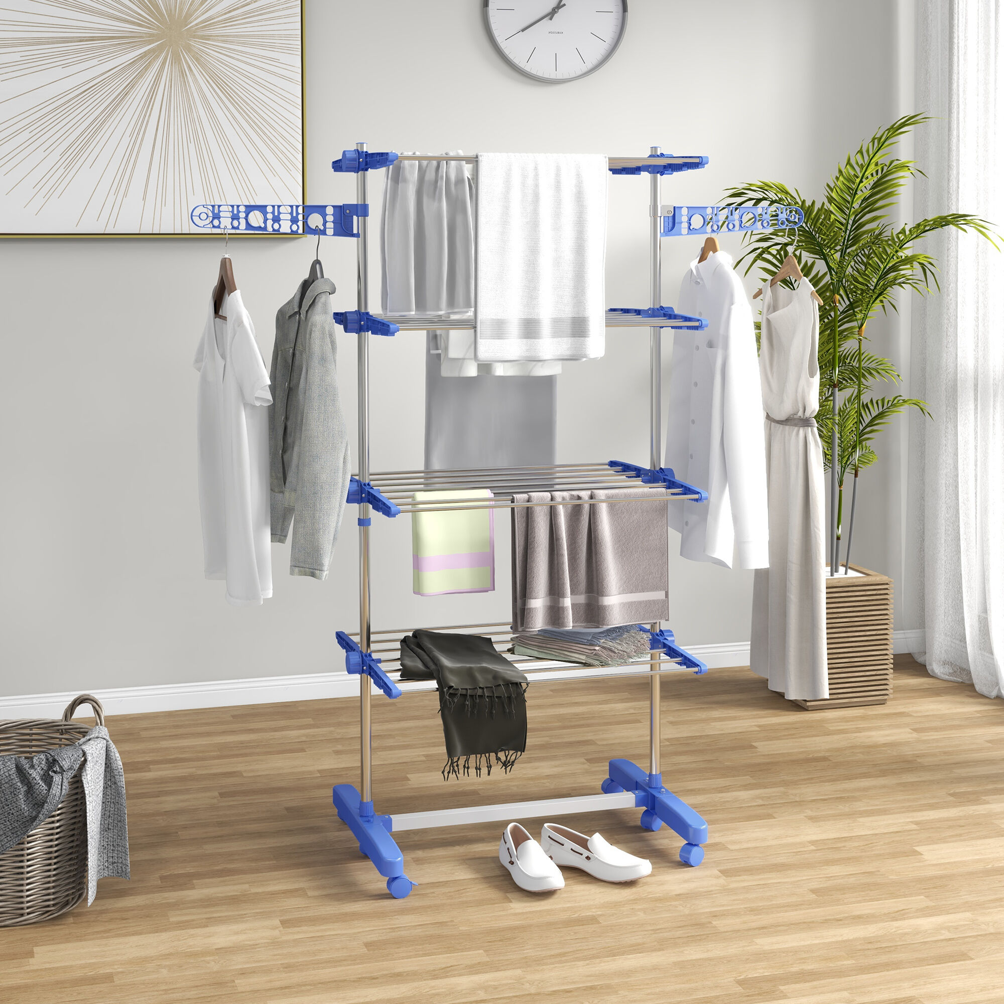 Altro Stendino Verticale Con 4 Ripiani Regolabili, In Acciaio E Plastica, 142x55x172 Cm, Blu E Argento