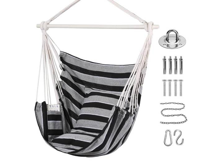 Hängesessel Große Hängematte Stuhl Weiche Baumwolle mit 2 Sitzkissen Tragetasche Outdoor & Indoor Grauer Streifen