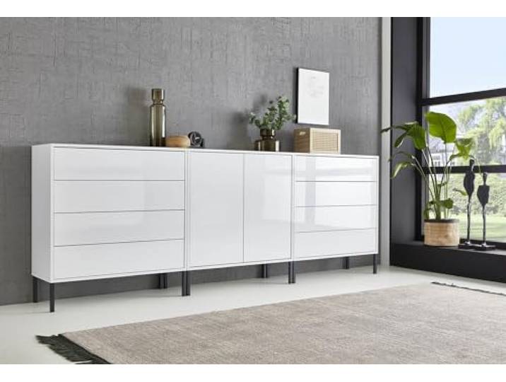 BMG Möbel Sideboard Mailand Set 4, grifflos, Metallfüßen, Weiß Hochglanz