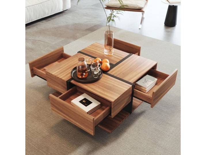 Piaenon - Table basse carrée design lignes colorées 4 tiroirs 78x78x36 cm – salon